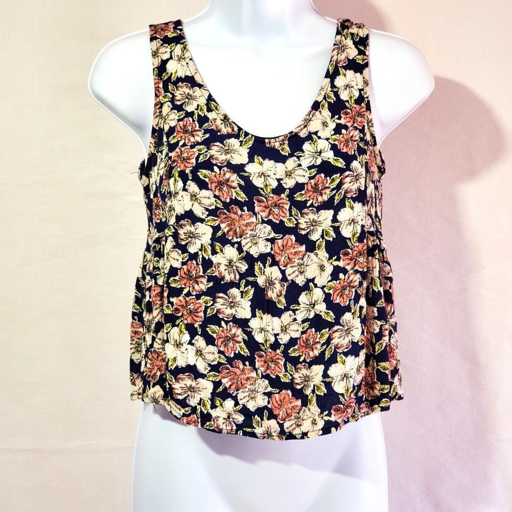 Peach Royal Blue Pink Floral Flowy Crop Tank Top Size M